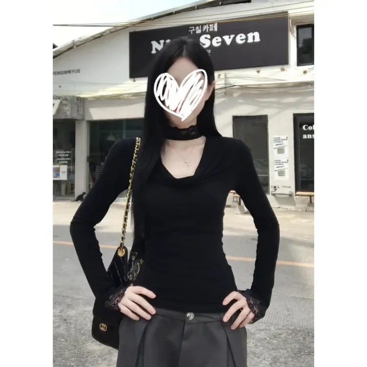 梦优莱小众炸街高级感黑色性感长袖T恤女秋冬季修身内搭打底上衣