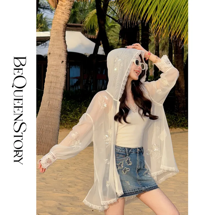 余潇潇【海风面纱】新款轻奢精致细闪网纱珠片绣花连帽外套