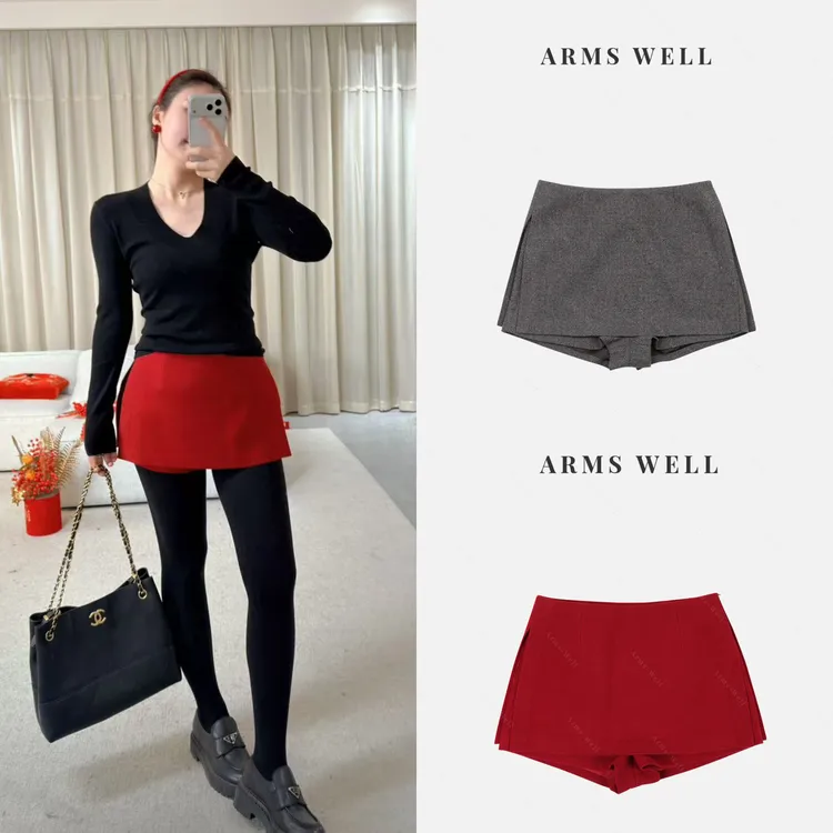 ARMS WELL王囡囡 红/灰色厚款侧开叉半身裙裤（有内衬）L349