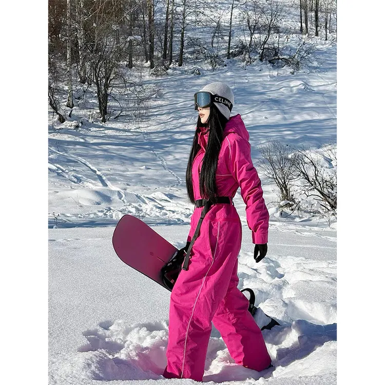 卡盛玫红色连体滑雪服女2025秋冬新款户外防风防水单双板雪服装备