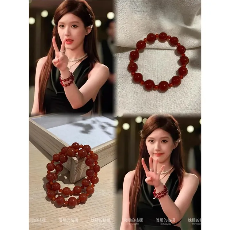 合金手链 晚睡的桔梗「朱红潋」赵露丝同款天然红手串复古红豆手饰