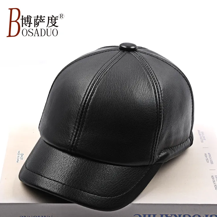 新款真皮短檐棒球帽秋冬天薄款全封口皮帽子男中老年人爸爸鸭舌帽
