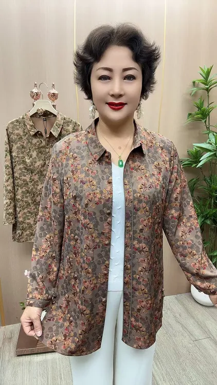 Z#25-07长袖开衫衣长73 中老年女装夏季新款翻领中长款衬衫妈妈衫