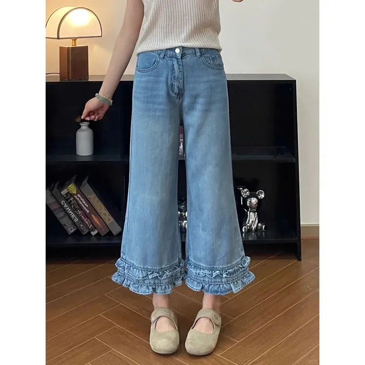 蓝色木耳花边微喇牛仔裤女2025夏薄款大码胖mm高腰宽松直筒九分裤