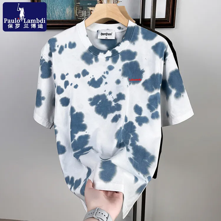保罗夏季长绒棉短袖T恤男士印花落肩袖宽松休闲潮牌刺绣男装T恤衫