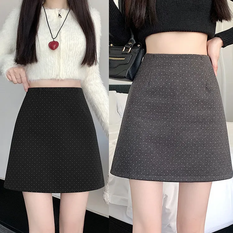波点复古毛呢半身裙女2025秋冬新款高腰a字裙显瘦防走光裙子短裙