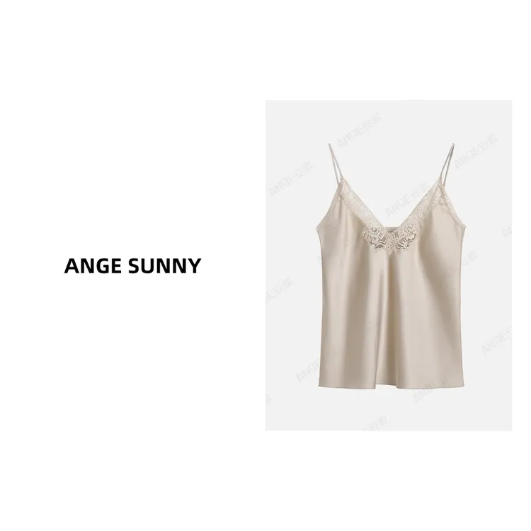 ANGE SUNNY【缎面花边吊带背心】桑蚕丝缎面吊带背心 时尚新款