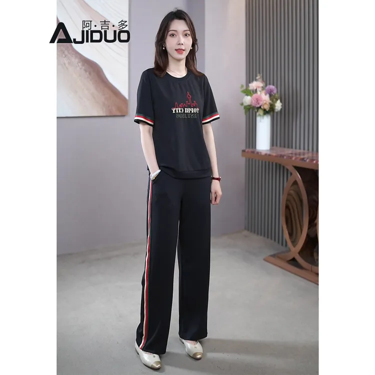 胖mm大码女装夏季休闲时尚套装新款洋气减龄短袖上衣阔腿裤两件套
