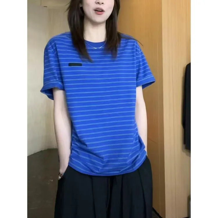 2025夏季新款韩版撞色蓝色条纹短袖T恤女宽松大码休闲打底衫上衣