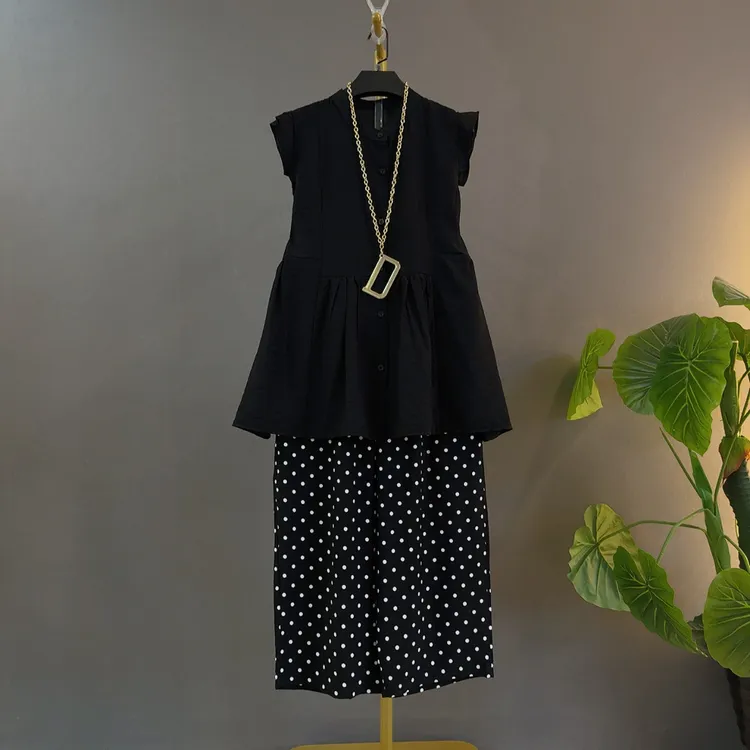 夏季设计感无袖上衣＋点点阔腿裤俩件套