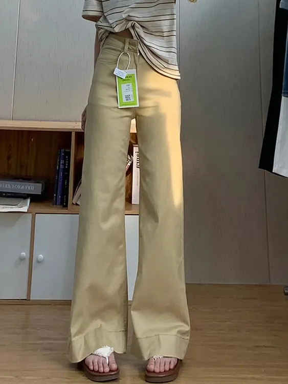 卡其色弹力牛仔裤女款高腰显瘦百搭秋季新款垂感宽松直筒阔腿裤子