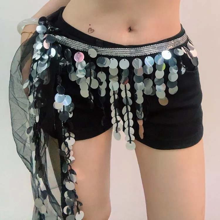 新款自制爵士舞街舞亮片腰链系带屁帘女士辣妹配饰打歌服腰带