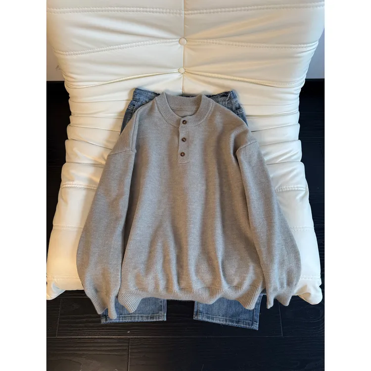 花灰色复古亨利领毛衣男冬季高级感美式慵懒风cleanfit内搭针织衫