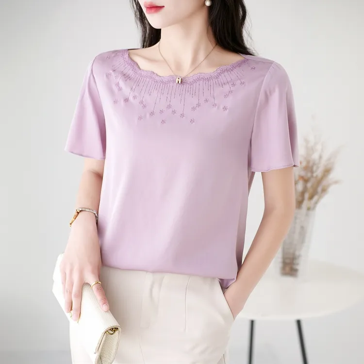 重磅真丝短袖T恤女2024夏季新款钉珠内搭缎面垂感妈妈上衣宽松