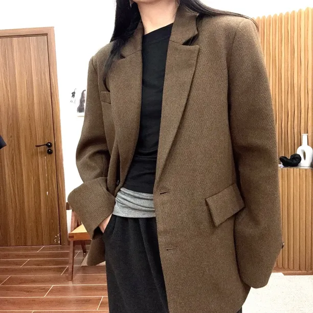 （小瘦）夹棉巨显瘦毛呢西服外套宽松百搭休闲复古