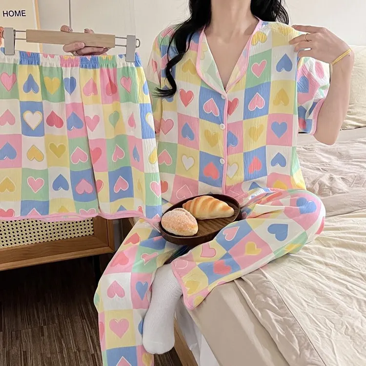 多巴胺甜美云朵棉睡衣女夏季2025年新款短袖长裤短裤三件套家居服