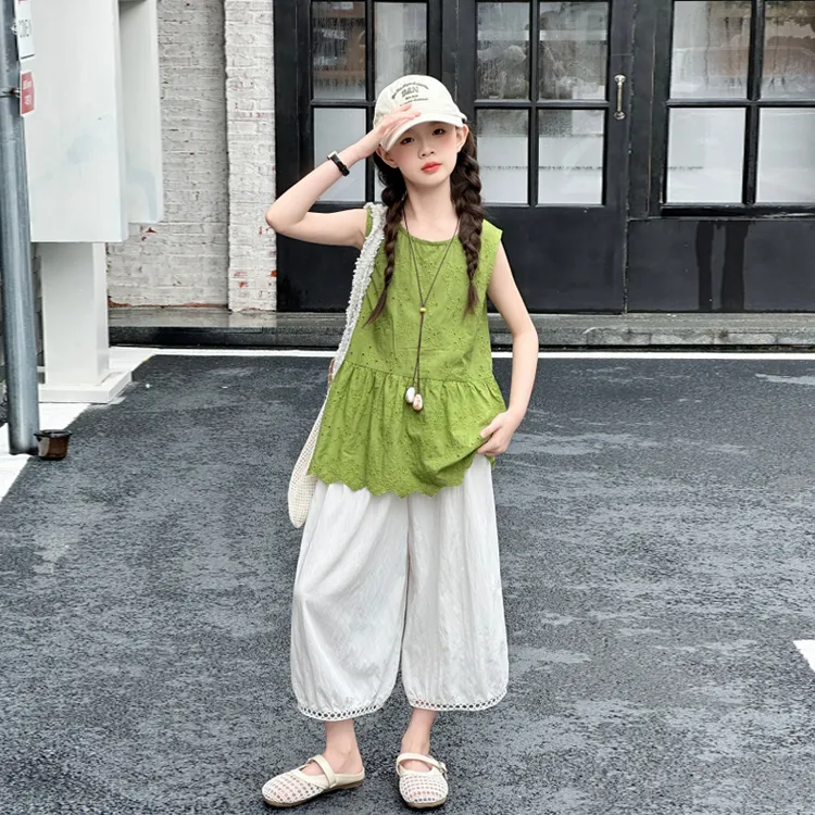 女童夏季无袖套装2025新款儿童洋气蕾丝娃娃衫女大童阔腿裤两件套