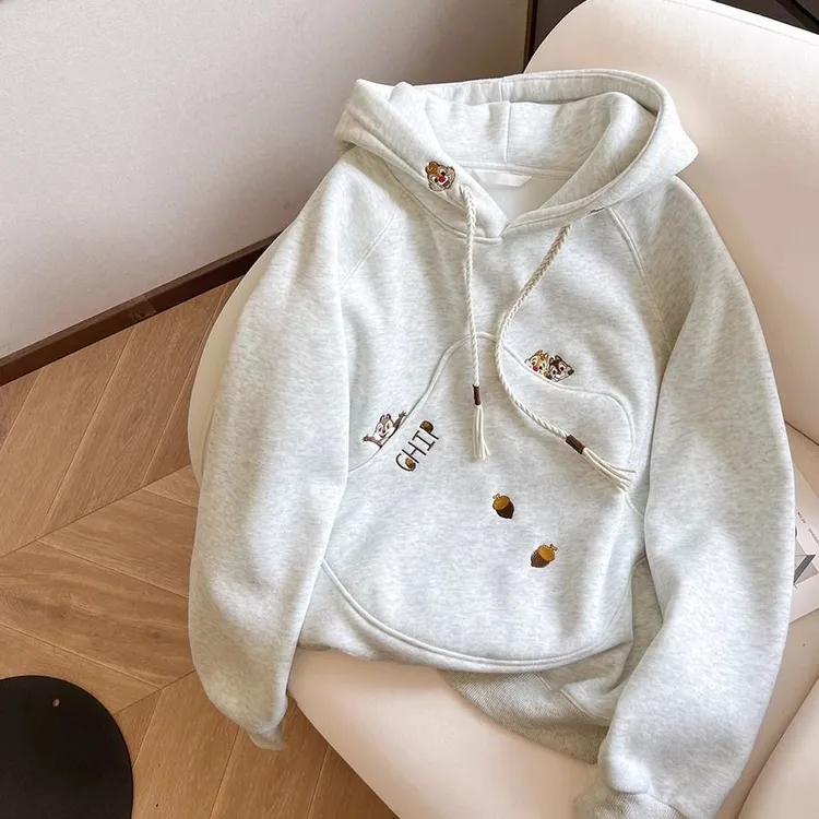 复古卡通奇奇蒂蒂刺绣春秋新款加绒加厚连帽宽松卫衣外套女