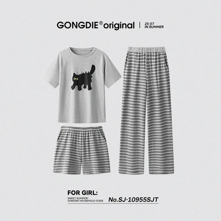 宫蝶【三件套】睡衣女纯棉短袖长裤可爱条纹卡通猫咪家居服套装夏