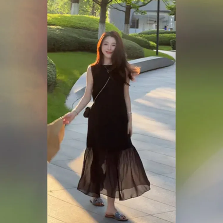 2025夏季新款法式拼接网纱黑色连衣裙女潮流复古无袖裙子女