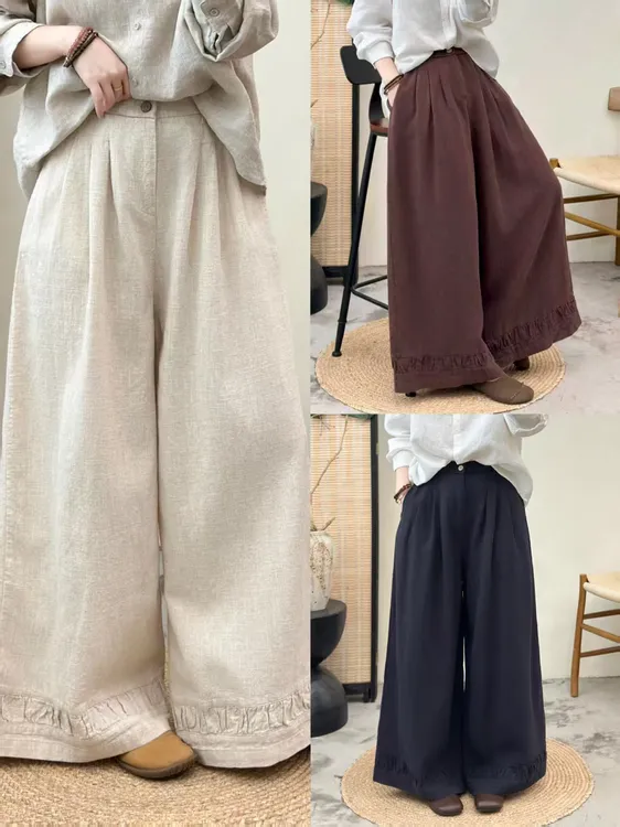 亚麻裤 木耳边直筒裤女秋季新装常规款高腰垂感宽松阔腿裤长裤