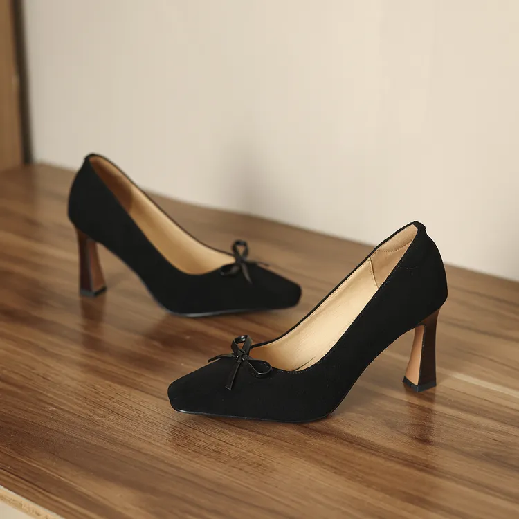 小个子手工女鞋5.5/8cm~冬季新款单鞋细跟高跟鞋蝴蝶结时尚酒红色