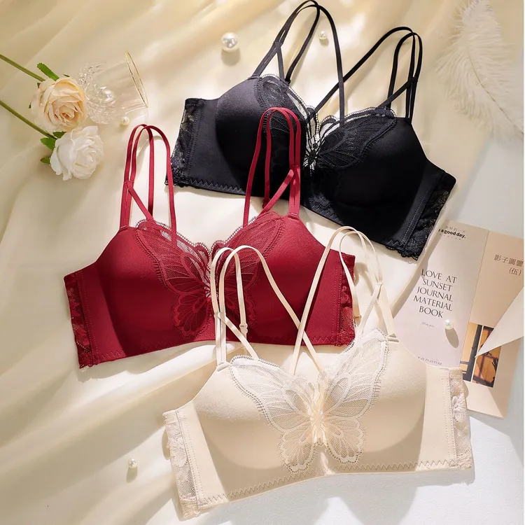 蝴蝶蕾丝无痕性感美背内衣小胸聚拢显大提拉防下垂无钢圈文胸罩