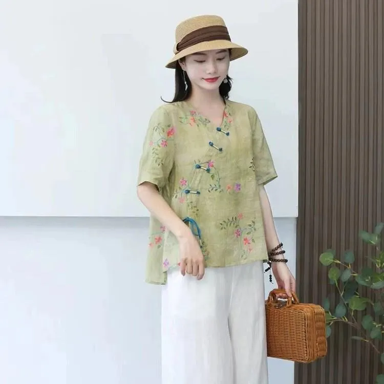 国风禅意女装套装2023夏季新款大码妈妈上衣苎阔腿裤两件套