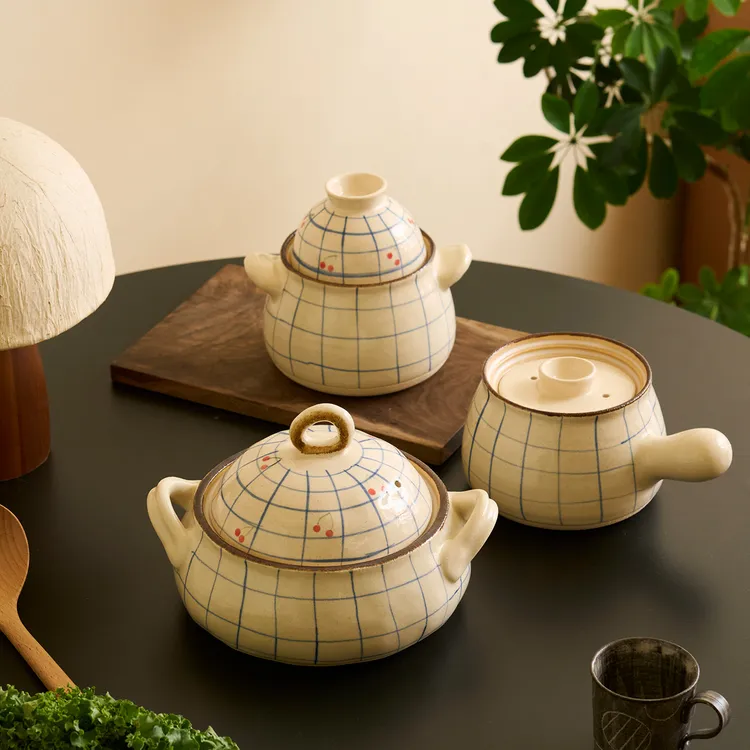 肆月美绘樱桃线条砂锅家用高颜值燃气灶专用煲仔饭炖汤双耳陶瓷锅