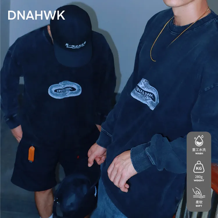 DNAHWK美式水洗循环蛇长袖250g运动潮流T恤秋季新款休闲圆领打底