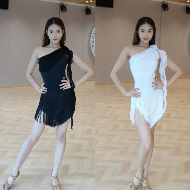 Fairy舞服v腰口拉丁流苏裙半身裙加密流苏含底裤黑白拉丁舞服