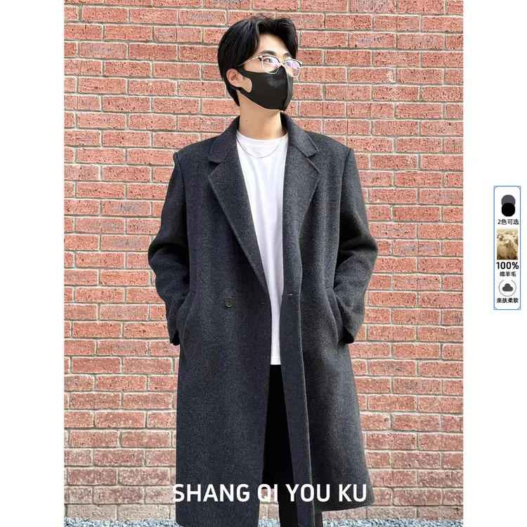 男士100%羊毛双面呢大衣休闲垫肩时尚休闲秋冬中长款风衣外套男款