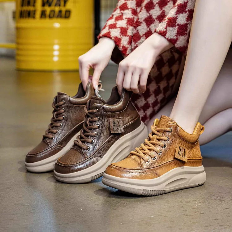 头层牛皮女鞋2025冬季新款加绒高帮鞋女休闲鞋女复古板鞋运动鞋女