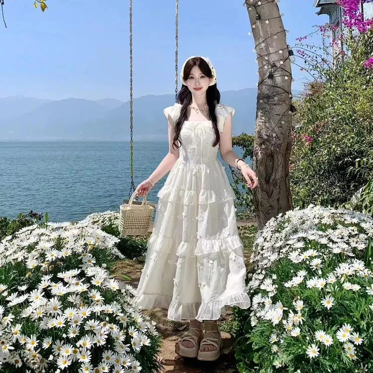 蝴蝶仙子白月光甜美法式温柔立体遮肚连衣裙夏季修身过膝仙女裙