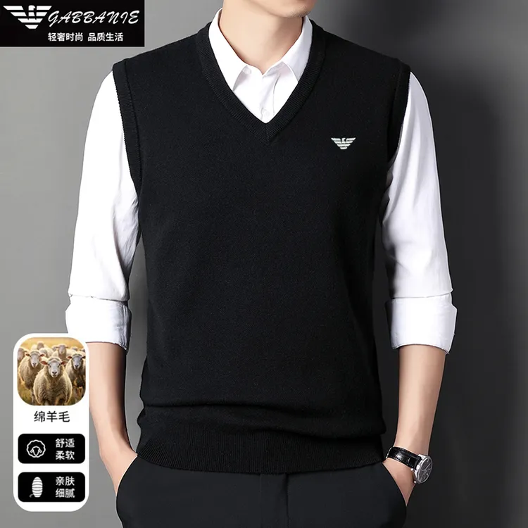 意大利轻奢正品男士绵羊毛无袖马甲万针刺绣高档百搭针织背心坎肩