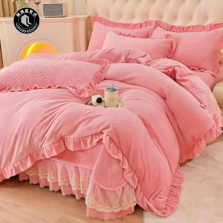 冬季加绒加厚双面牛奶绒床盖款四件套纯色防静电双面牛奶绒四件套