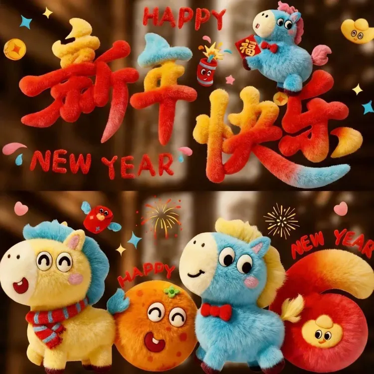 毛绒5D窗花静电贴2026过年福字门贴元旦橱窗装饰马年卡通橱窗贴