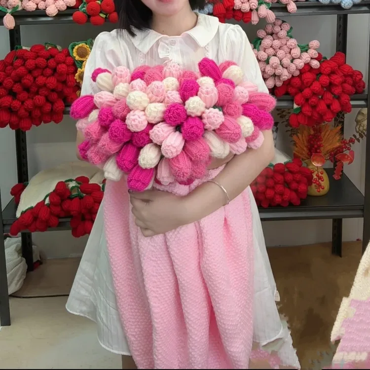 【渐变成品】渐变粉玫瑰花成品玫瑰花束毯子手工编织毛线花毛毯成品