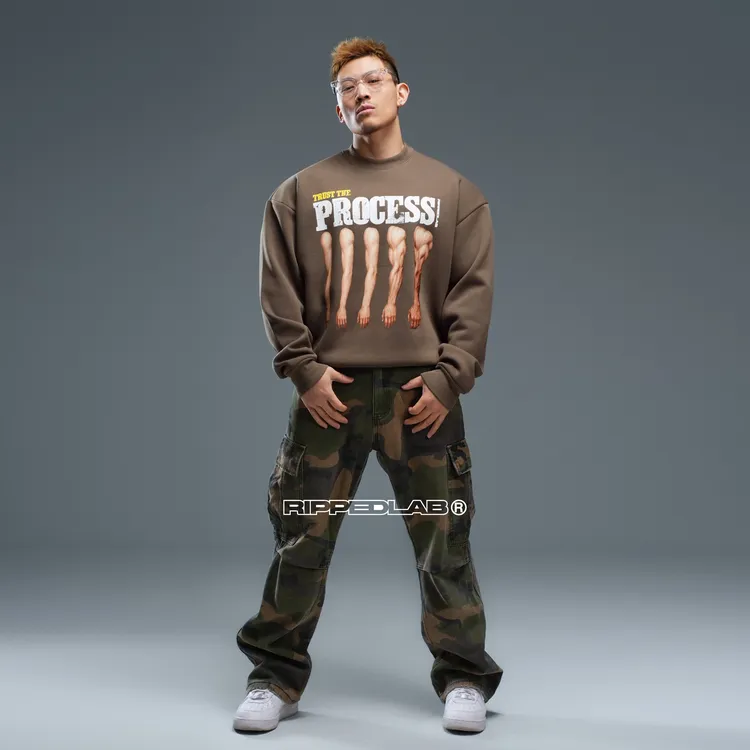 撕裂组织相信过程手臂印花加绒卫衣健身运动训练长袖美式复古宽松