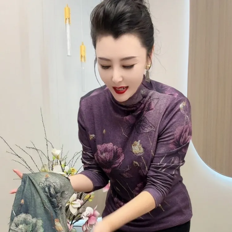 9856定位花打底衫百搭拼接显瘦提花长袖加厚T恤修身型半高领网红
