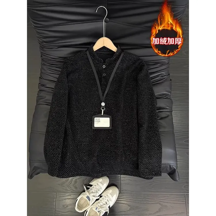 黑色雪尼尔加绒卫衣男秋冬美式正肩亨利领长袖t恤小香风针织外套