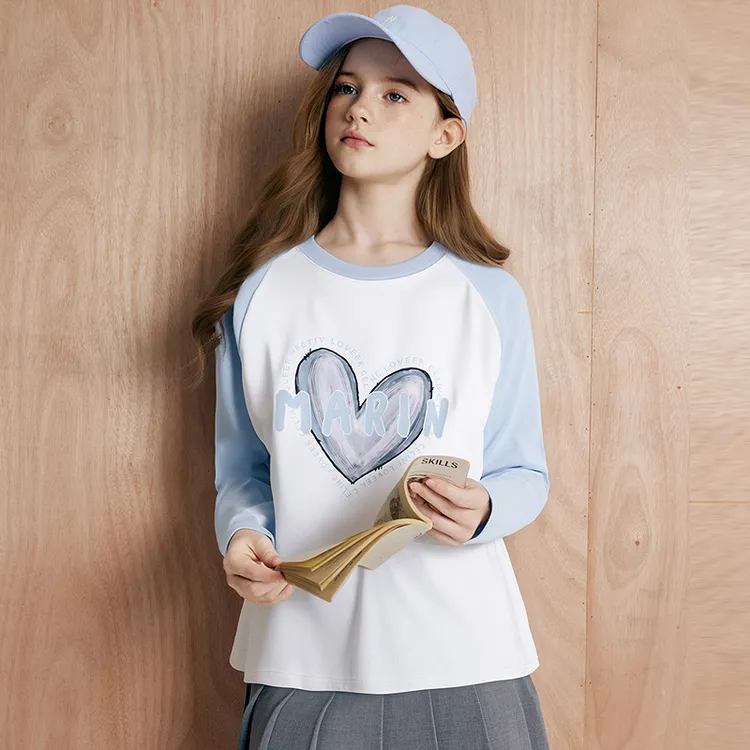 笛莎童装女童长袖t恤春秋2025新款儿童爱心圆领撞色T恤-7M2510601