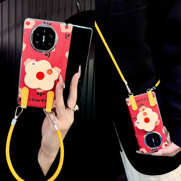 适用华为matex6手机壳折叠屏中轴x5新款x3典藏版皮质花朵支架女款