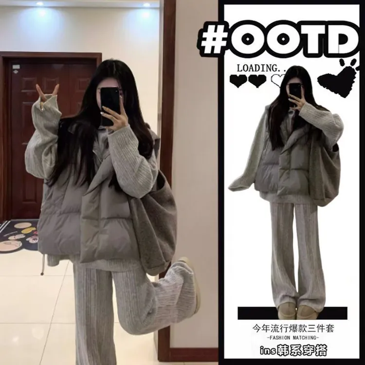 99200韩系冬季休闲穿搭一整套保暖棉服马甲针织衫休闲裤三件套