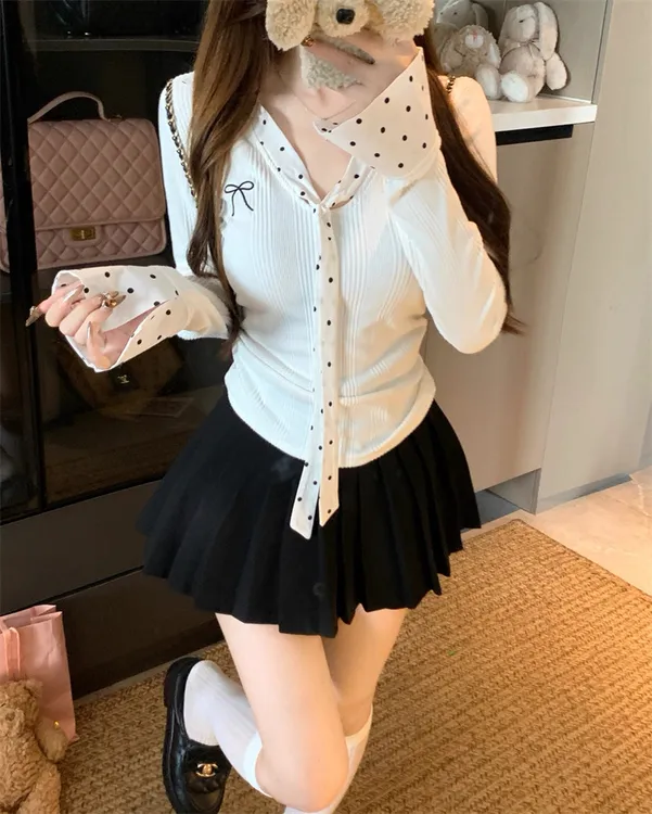 绑带波点长袖蝴蝶蝴蝶结白色刺绣T恤百褶辣妹夏季时尚