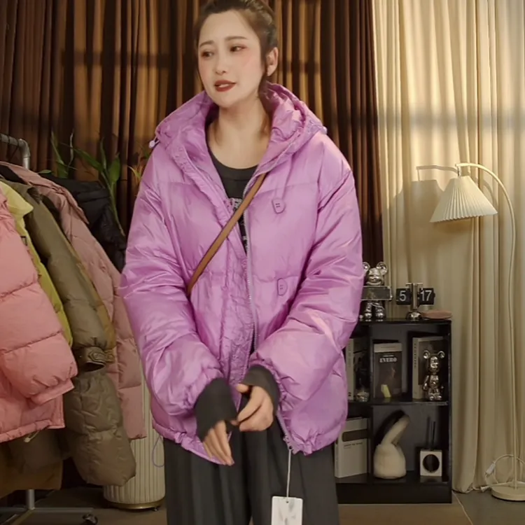 半粒扣羽绒服女短款韩版时尚宽松显瘦连帽加厚洋气外套小个子冬季