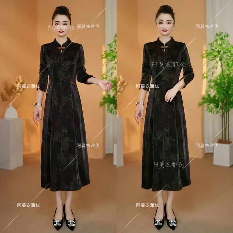 【衣雅严选】8222-2362#新中式新款珠光幻彩琉璃丝气质显瘦连衣裙