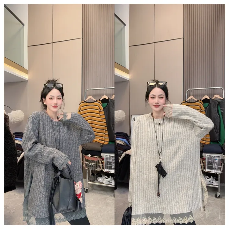 【黑巧蕾丝】软糯糯~加绒秋冬简约坑条宽松中长款圆领长袖上衣