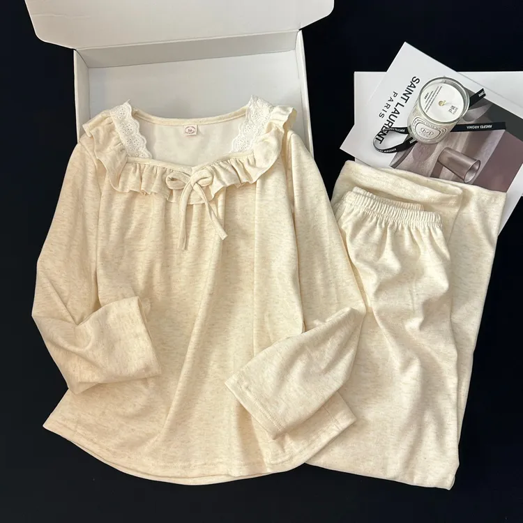奶呼呼秋冬季仿羊绒软绒公主风纯色甜美睡衣少女家居服舒适套装