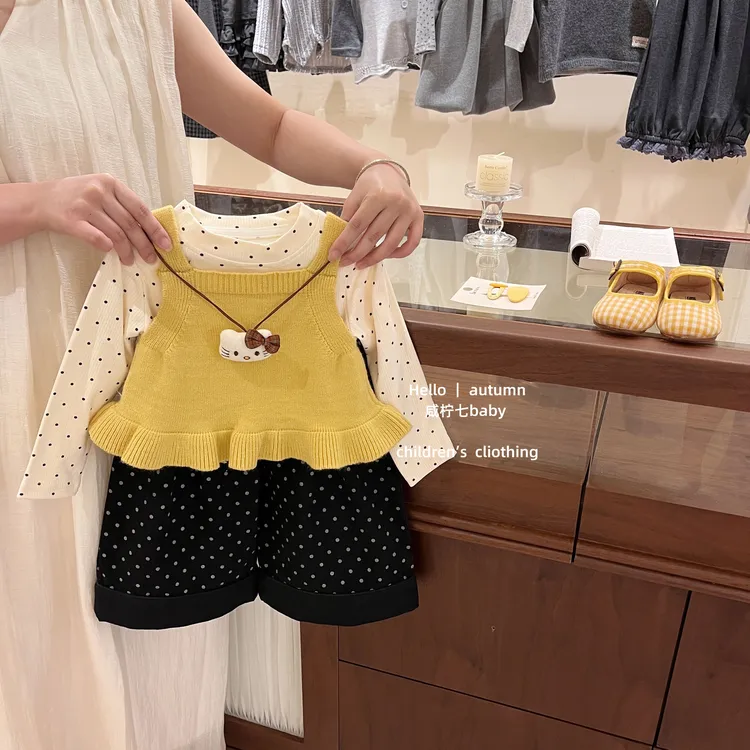 【咸柠七】原创!女童套装秋装衣服宝宝波点T恤打底衫背心两件套